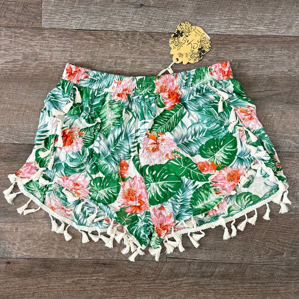 New With Tags CYN Tropical Flower Green and Pink Boho Tassel Shots